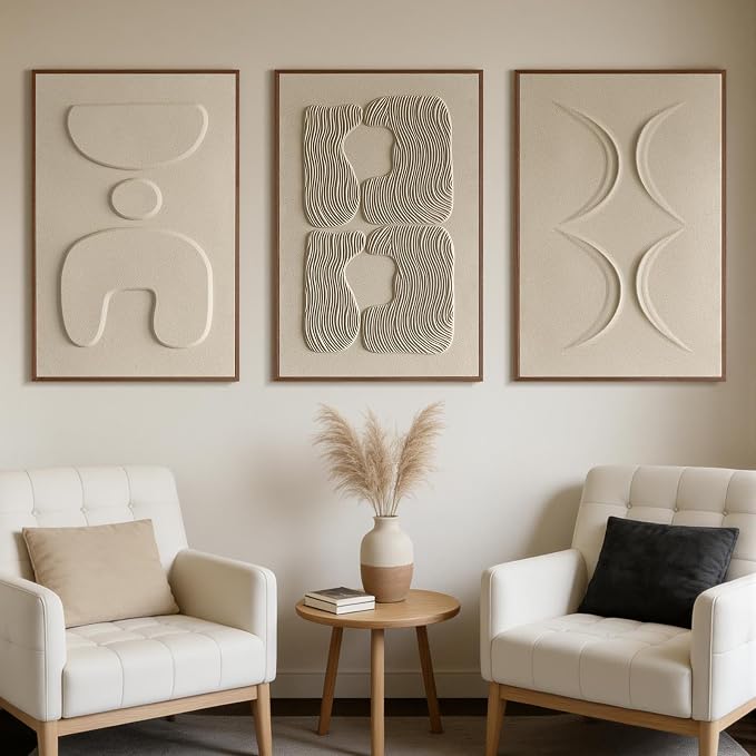 Large 3D Textured Wall Art for Living Room, Set of 3 Wabi Sabi Abstract Sandstone Relief Artwork with Solid Catalpa Wood Frame, Minimalist Triptych Pictures for Hallway Entryway, Sand Beige, 16x24 In