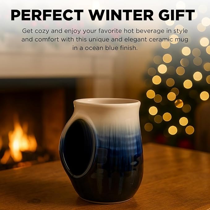 Hand Warmer Mug, Ceramic and Hand Painted - Contoured Pocket will Hold Warmth From The Heat Of Your Drink To Keep Your Fingers Warm, Comfy Handwarmer Gift, Winter Stocking Stuffer Gifts - Left Handed