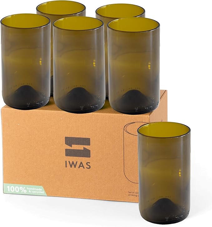 IWAS Upcycled Olive Drinking Glasses | 350 ML | 12 OZ | Set of 6 | Sustainable Water Glasses | Environmentally Friendly Dark Brown Glasses For Home