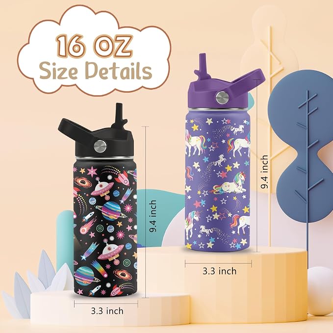 16 oz Water Bottle with Straw Lid, 2 Pack Set, Space Unicorn Gifts for Boys Girls, Stainless Steel Insulated Water Bottles for School Travel Outdoor Sports, Cute Universe Unicorn Cups