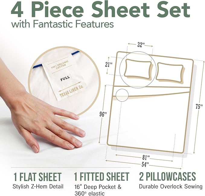 TEXAS LINEN CO. 100% Organic Cotton Percale Sheets Full Size Pack or 2 - Soft & Crisp Organic Cotton Sheets Full Size (8 PC, Light Blue), 16" Deep Pocket Percale Weve Bed Sheet Set - GOTS Certified