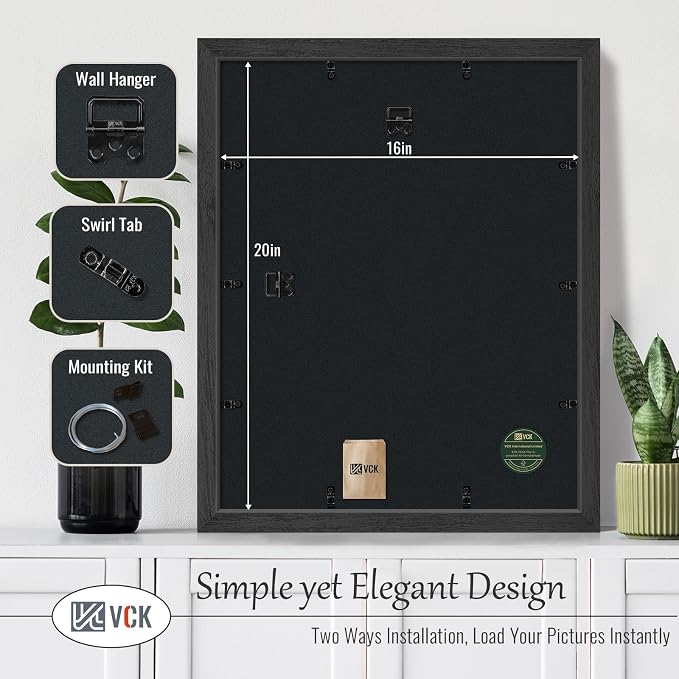 VCK 16x20 Frames 3 Pack, Black Poster Frame MDF Wood with Polished Plexiglass, Wall Mounting Horizontal & Vertical Display