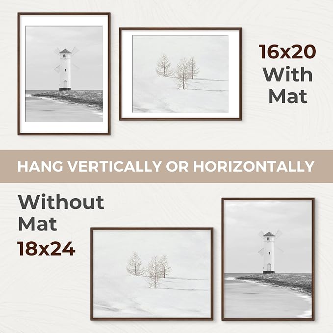18x24 Picture Frame with Mat for 16x20, USA-Sourced Walnut Wood Handcrafted Rounded Corner with HD Tempered Glass, 18 x 24 Gallery Wall Frames for Posters & Art Prints, Vertically or Horizontally