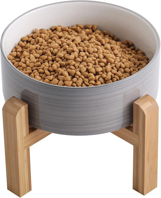 Elevated/Raised Dog Bowl Ceramic with Wood Stand for Small Medium Breed,Dog Food Water Dish Heavy, 6 in Non Slip Modern Cute Porcelain Pet Bowl Grey White