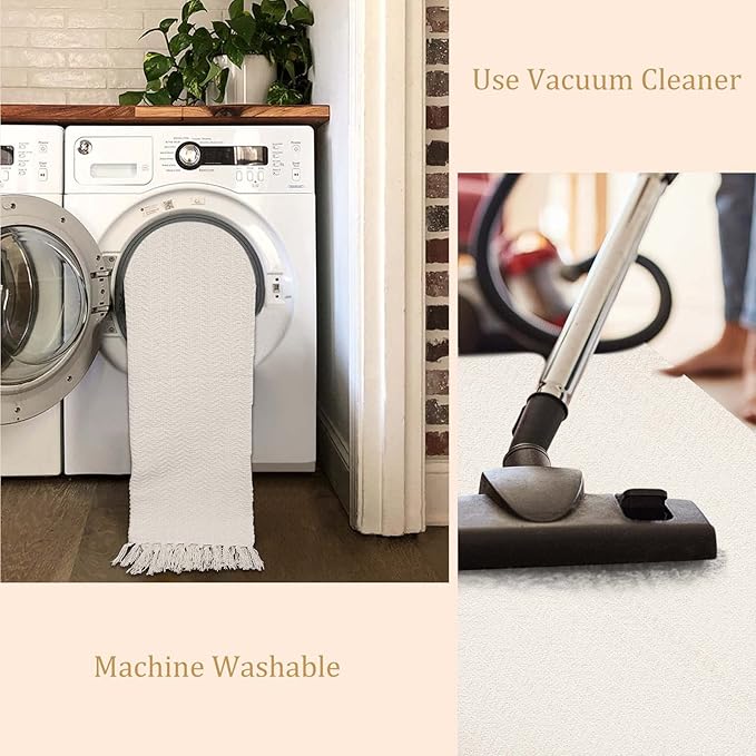 Lahome Belle Boho Rugs for Entryways, 3x5 Kitchen Rug Lightweight Bedroom Rugs Washable Bath Mat with Tassels, Farmhouse Cotton Beige Living Room Low Pile Throw Rug for Laundry Office Decor