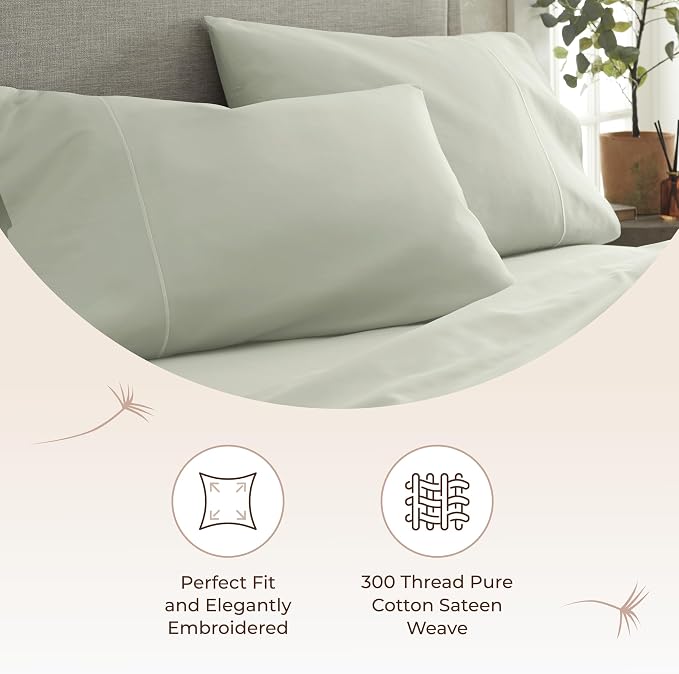 100% Organic Cotton Pillow Cases King Size Set of 2-100% Cotton Pillowcases GOTS Certified 300 Thread Count - Naturally Cooling Comfortable Breathable & Soft Pillow Cases (Pastel Green, King)