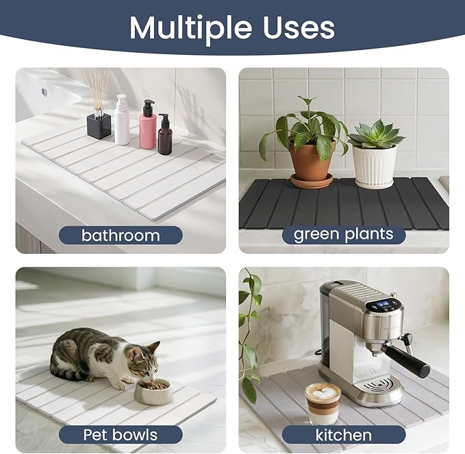 Meowoo Stone Drying Mat for Kitchen Counter, 23.6"x15.3" Foldable Diatomaceous Earth Mat, Super Absorbent, Quick-Dry Bath & Kitchen Pad for Dishes, Cups, Non-Slip, Fit Any Countertop - Light Gray