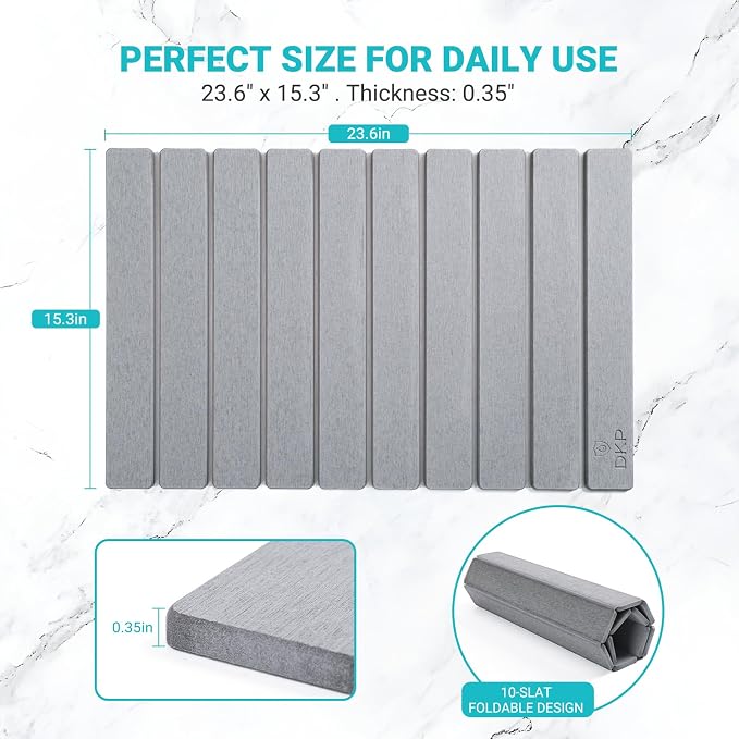 Foldable Stone Bath Mat 23.6” x 15.3” – Diatomaceous Earth Shower Mat, Super Absorbent Quick Drying, Non-Slip Diatomite Bathroom Mat for Floor, Dish Drying Mat for Kitchen, Light Grey