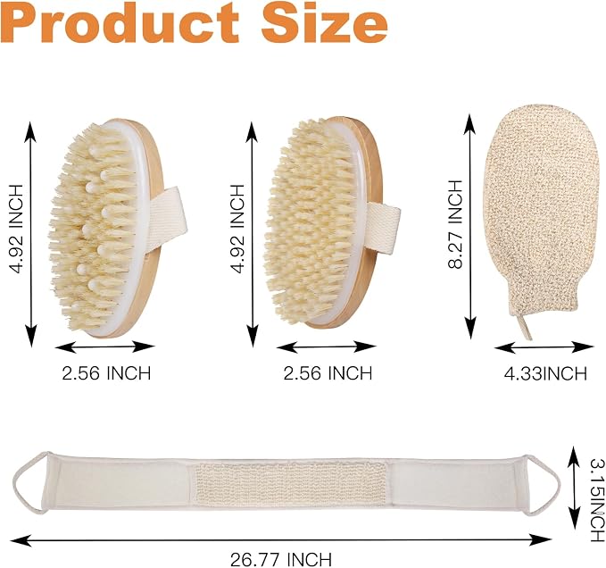 Dry Brushing Body Brush, Natural Boar Bristle, 4 Pack Set | Deep Cleansing | Shower Routine | Home Spa Experience | Self Care Essentials | Smooth Skin | Men & Women | Daily Use
