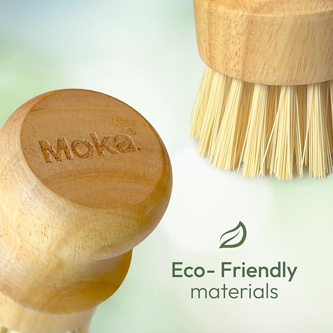 Moka Bamboo Dish Brush - Eco Friendly Scrub Brush with Natural Bristle - Premium Bamboo Dish Scrubber for Kitchen Cleaning, Dishes, Pots, and Pans - Sustainable and Durable (Brush)