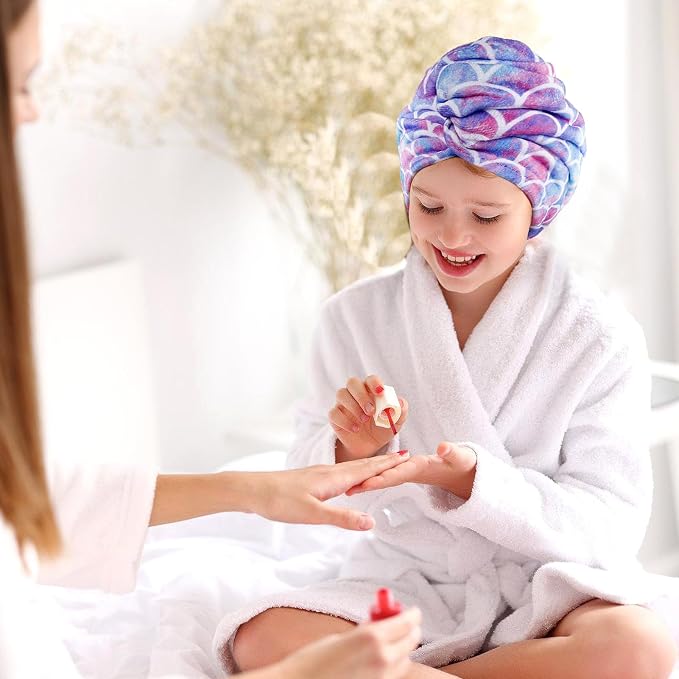 MADHOLLY Fast Drying Microfiber Hair Towel for Kids Women - 3 Packs Soft Super Absorbent Hair Towel Wrap with Button, Anti-Frizz Turban for Thicker Curly Long Hair, Mermaid Gift for Girls