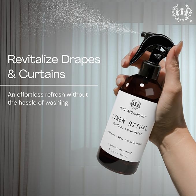 Muse Apothecary Linen Ritual - Aromatic, Soothing, and Relaxing Linen Mist, Laundry and Fabric Spray - Infused with Aromatherapy Essential Oils - 4 oz, Tonka Bean + Amber + Warm Cedarwood, 2 Pack