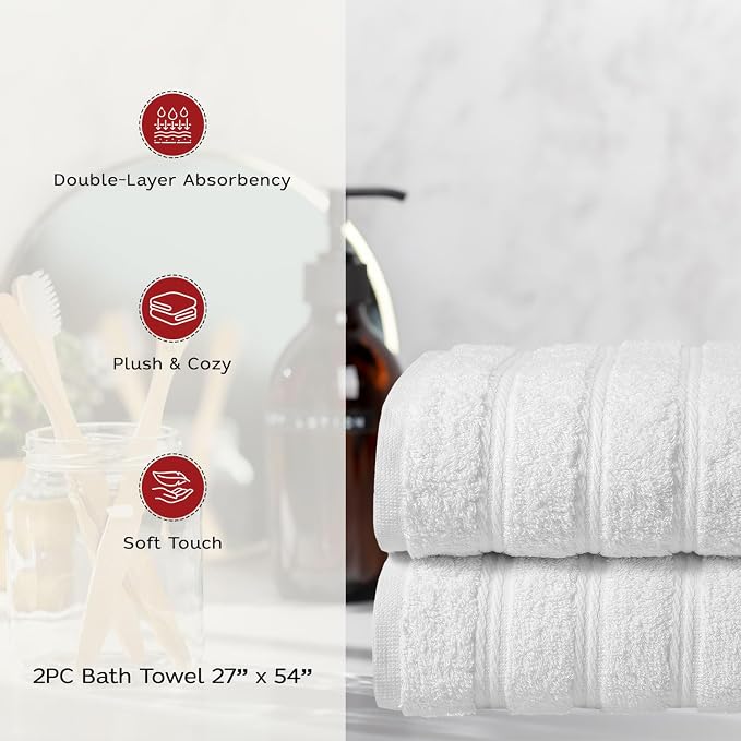 Briarwood Home Medley Bath Towels 2-Pack 27"x54", Soft, Quick-Dry, Super Absorbent, 100% Organic Cotton, Dobby Ribbed Border, Lightweight, Lint-Free, Fade-Resistant Bath, Gym, Spa - White