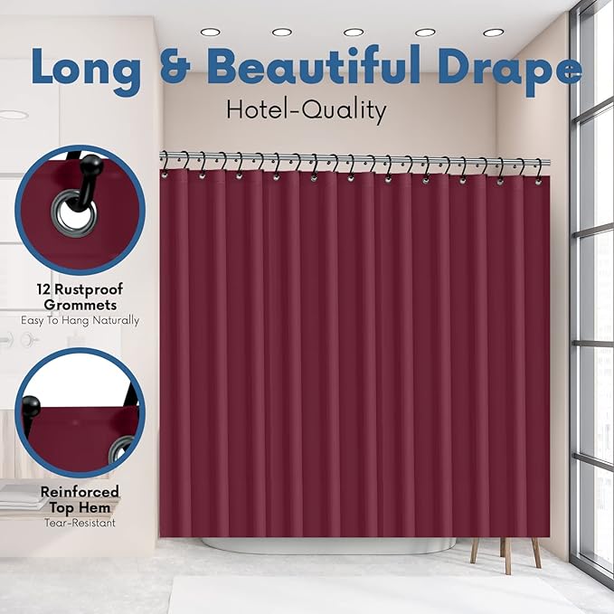 No Smell Shower Curtain Liner 72x72 Burgundy - PEVA Plastic Shower Curtain for Bathroom, PVC-Free Waterproof Burgundy Shower Liner with Metal Grommets and Magnet-Weighted Bottom Hem - Washable Liner