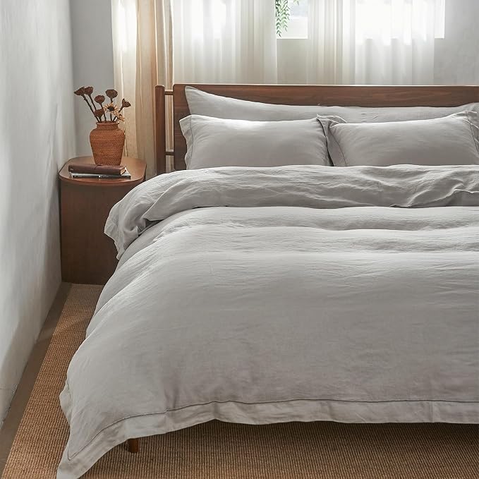 Simple&Opulence 100% Washed Linen Duvet Cover with Embroidered, 3 Pieces Soft Farmhouse Comforter Set with Button Closure,1 Duvet Cover and 2 Pillowshams(Full,Light Grey)