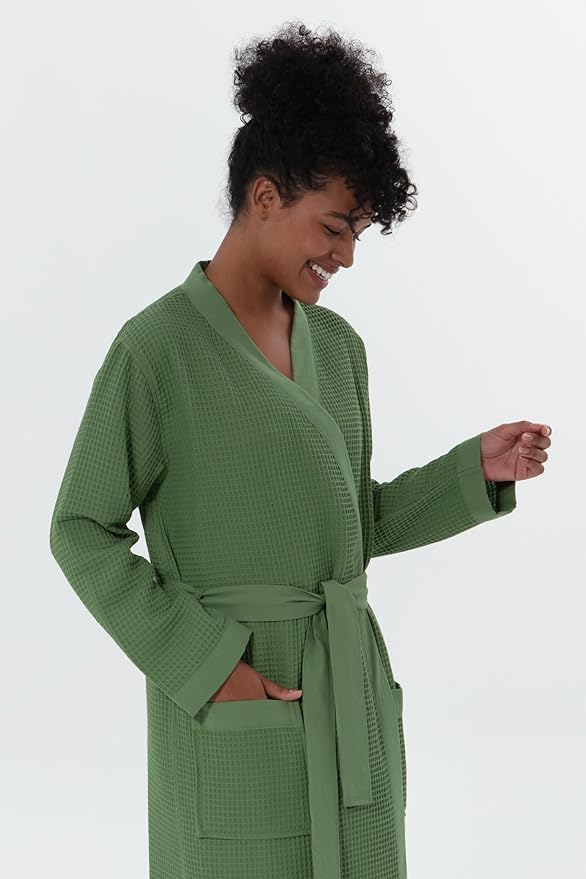 SEYANTE Women's Organic Cotton Waffle Kimono, Hooded Robe – GOTS Certified Lightweight Full-Length Spa Bathrobe with Piping