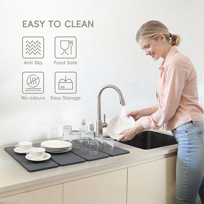 Small Stone Drying Mats for Kitchen Counter, Quick Dry Stone Dish Drying Mat 16"(L)×12"(W), Foldable Absorbent Diatomaceous Pad for Dish Rack, Plates, Cups, Pans