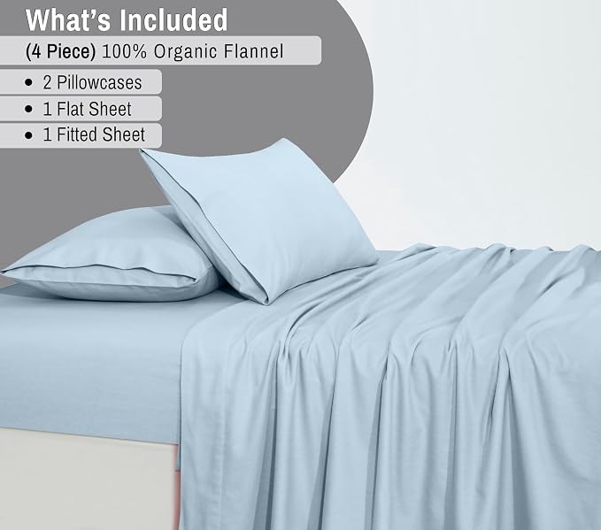 RUVANTI Flannel Sheets Queen Size - GOTS Certified 100% Organic Cotton, 4 Piece Warm, Soft & Breathable Set, Deep Pocket Snug Fit, Double Brushed Cozy All Season Bedding, Baby Blue