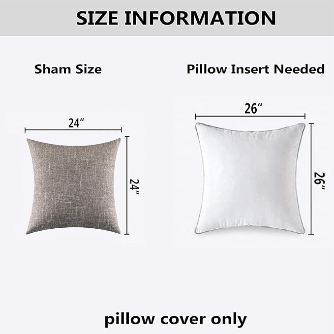 Kevin Textile 2 Packs Linen Large Throw Pillow Covers European Shams Big Cushion Covers Boho Farmhouse for Couch Sofa Chair Bench, 24 x 24 inch(61cm), Sesame Grey