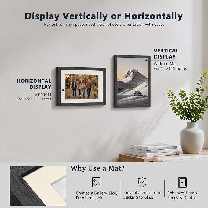 VCK 11x14 Picture Frames Black 3 Pack, Wide Border Solid Wood, Tempered Glass, Display 8.5x11 Photo with Mat or 11 x 14 without, for Home, Office, Gallery, Woodgrain Series, Wall Hanging