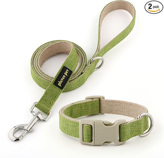 Plutus Pet Cotton Hemp Dog Collar and Leash Set, Adjustable Collar for Small, Medium, and Large Dogs, Heavy Duty and Soft on Skin, Green, XS