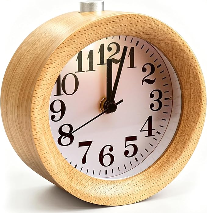 Wood Analog Alarm Clock - Non-Ticking Silent Small Round Clock, Battery Operated with Warm Night Light & Snooze Button for Students,Men,Women for Bedrooms/Desk/Bedside/Shelf, 3.7x3.7x1.7in