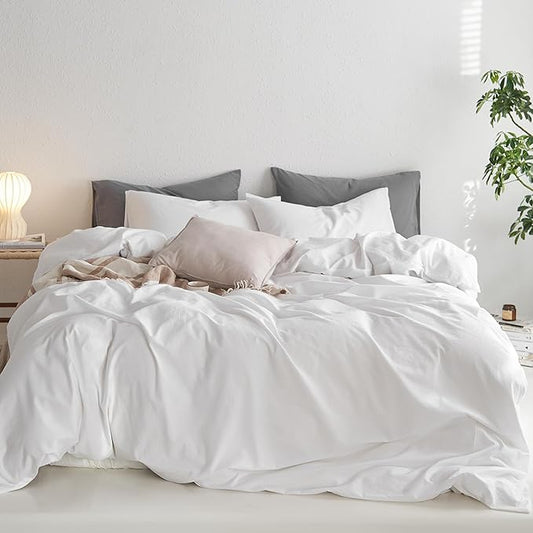 MooMee Twin Duvet Cover Set, 100% Washed Cotton Linen Like Twill Thick Sturdy Material Super Soft Breathable Durable Bedding for All Season, 2 Pieces (Bright White, Twin 68"x90")