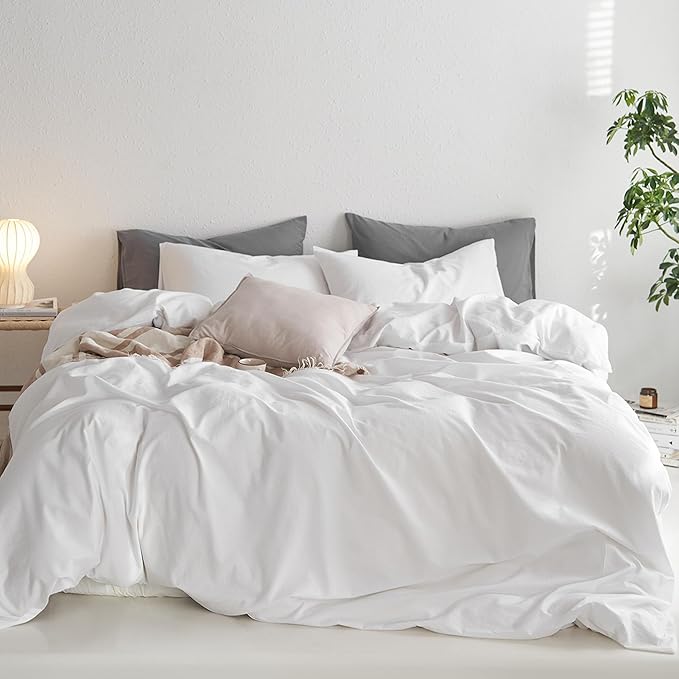 MooMee King Duvet Cover Set, 100% Washed Cotton Linen Like Twill Thick Sturdy Material Super Soft Breathable Durable Bedding for All Season, 3 Pieces (Bright White, King 104"x90")