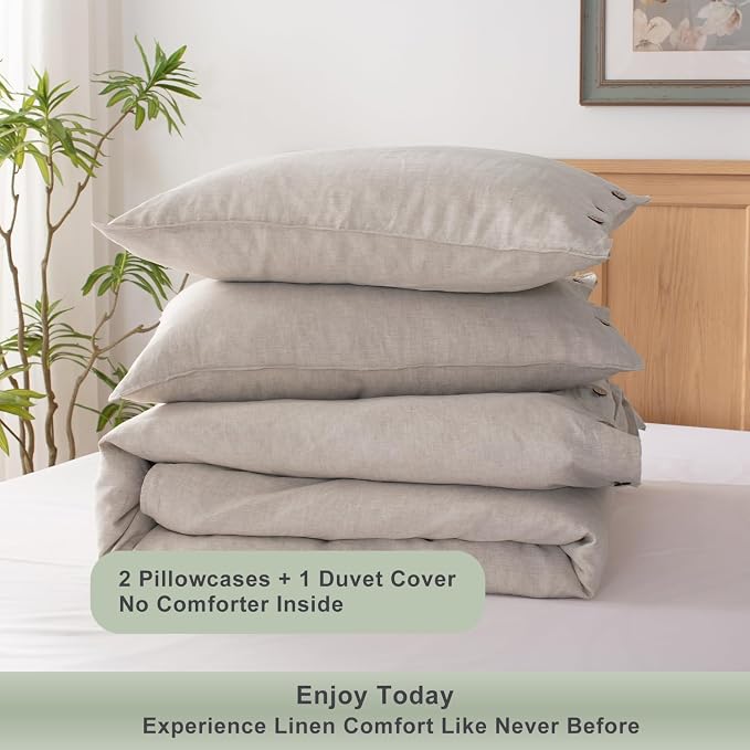 TOSMO 100% Linen Duvet Cover Set with Button Closure, 3 Pieces (1 Duvet Cover with 2 Pillowcases), Soft Breathable Durable Farmhouse Bedding - Queen, Natural Linen