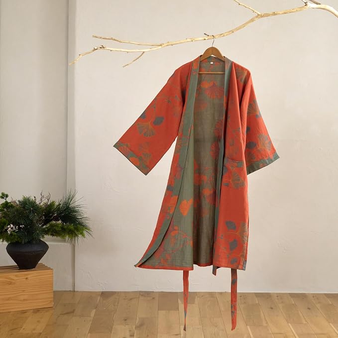 100% Cotton Gauze Ginkgo Leaf Kimono Robe, Long Knit Loose Bathrobe Nightgown Ladies Loungewear Sleepwear for Women