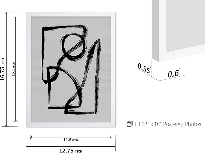 Monem Art Black and White Abstract Line Art Print - Minimalist Monochrome Brushstroke Art Poster - Wall Decor for Living Room, Bedroom or Office - 12x16 White Framed Wall Art by Mareike Bohmer