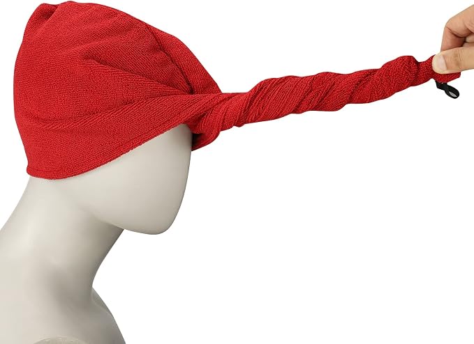 Microfiber Hair Drying Turban for Wet and Curly Hair, Wrap Towel With Button (Red, 10x28)