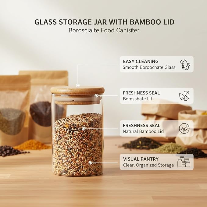 Borosilicate Glass Storage Jar with Bamboo Lid, Airtight Dry Food Canister for Kitchen Pantry & Countertop Organization