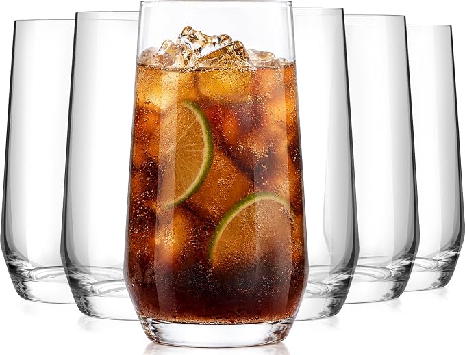 LUNA & MANTHA Drinking Water Glasses Set, Lead-Free Crystal Highball Glass, Tall Glass Cups for Cocktail Parties,Clear set of 6,16.2oz