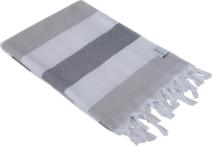 InfuseZen Terry Cloth Lined Turkish Bath & Beach Towel – Striped Design - 100% Organic Turkish Cotton - Soft, Lightweight, Absorbent Peshtemal - Quick Dry for Beach, Bath, Throw, Travel - Gray