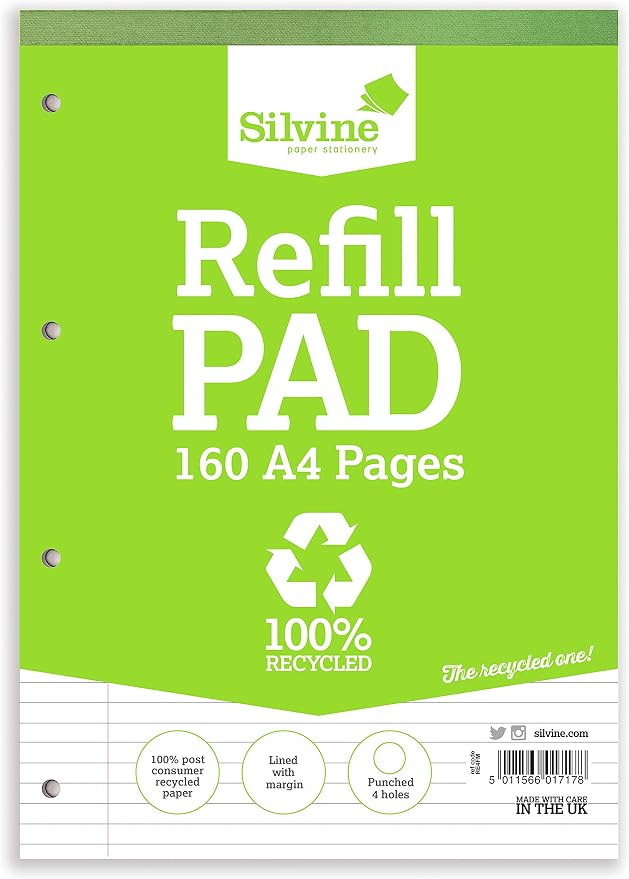 Silvine Everyday Refill Pad Recycled Wirebound Ruled Margin 160pp 70gsm A4 Ref RE4FM [Pack of 6]