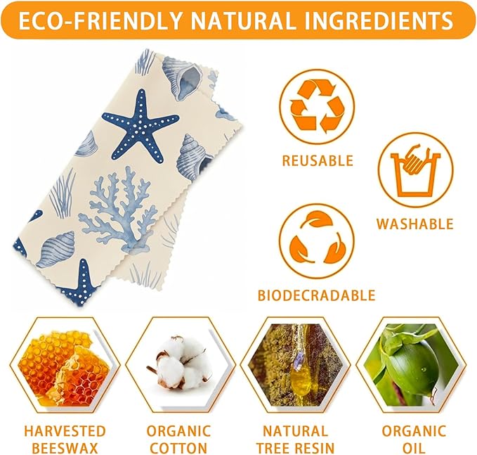 Reusable Beeswax Wraps, 9 Pack Eco-Friendly Food Storage, Organic, Sustainable, Zero Waste, Plastic-Free, Sandwich, Bowl, Fruit, 1XL, 3M, 5S, Navy Blue Turtle Starfish Coral Shell Pattern
