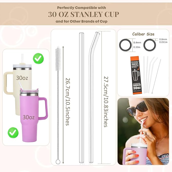 Haundry Clear Replacement Straws for Stanley 30 oz Tumbler, DISHWASHER SAFE, 4 Pack Reusable Plastic Straws Compatible with 30oz Stanley Adventure Quencher Cups, Plus Brush