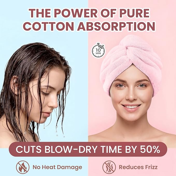 Mandydov 100% Cotton Hair Towel Wrap for Women, 2 Pack Thickened & Super Absorbent Turbans, Anti Frizz Quick Dry Hair Towels (Pink)
