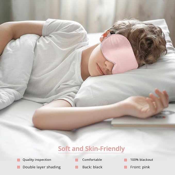 Kids Sleep Mask Eye Cover, 100% Real Natural Pure Silk Eye Mask with Adjustable Strap, Blindfold Kids Eye Mask for Sleeping, Eye Shade for Boys Girls and Adult, Pressure-Free Comfort (Pink)