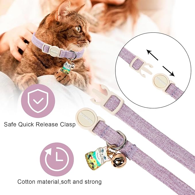 2 Pack Pink Purple Cat Collars Breakaway with Bell, DOGWONG Safety Buckle Cute Cat Collar for Girl Cats，Adjustable 7-12 Inch,Pet Supplies Accessories