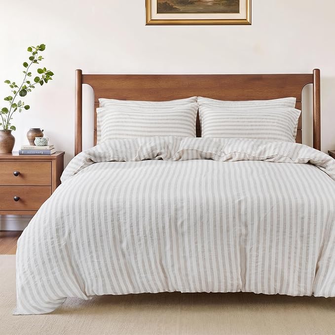 S VICTORY SYMBOL 100% Organic Linen Duvet Cover Set,Yarn Dyed Classic Beige Stripe French Natural Flax Bedding Set Queen Size,3pcs Farmhouse Comforter Cover Set