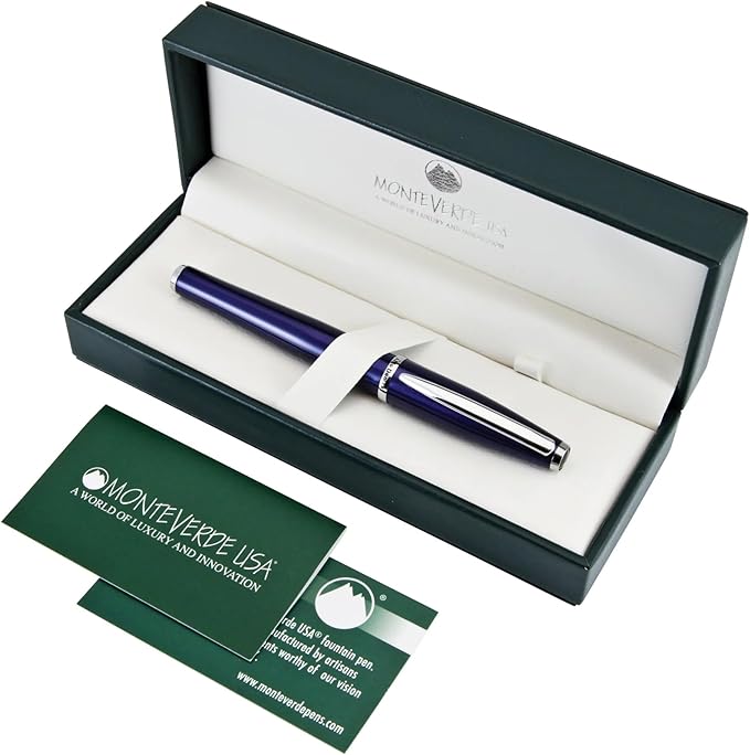 Monteverde USA Aldo Domani Fountain Pen Blue - Medium Nib - Luxury Writing Pen - JoWo Stainless Steel Nib - Smooth Ink Flow - Refillable - Gift Box Included