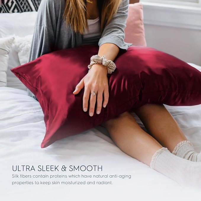 Tafts Silk Pillow Cases - 22mm 100% Pure Mulberry 6A Silk Pillowcase for Hair & Skin with Zipper Closure, Cooling, Natural, Organic, Double Sided Pillow Case (Burgundy, King 20x36, 1pc)