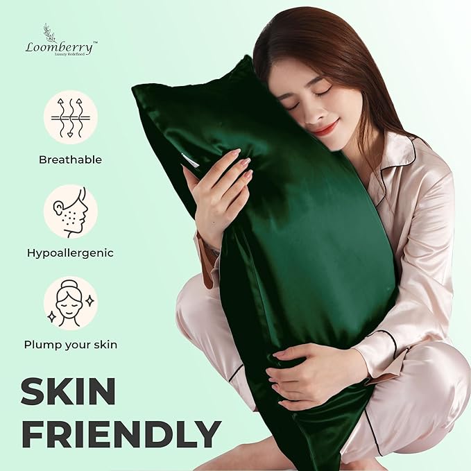 100% Pure Mulberry Silk Pillowcase for Hair and Skin, 6A Grade 22 Momme Silk Pillow Cases with Zipper, Soft Cooling Washable Both Sided Silk Pillow Cover (Dark Green, Standard 20''x26’’)