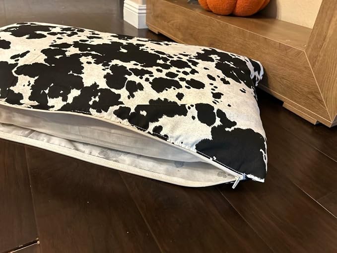 Natural Cotton Canvas Dog Bed – Raw Cotton Filled Pet Cushion Insert, Breathable Eco-Friendly Dog Mattress, Durable Washable Cover with Zipper (Cow Print Black White, X Large 53"x36"x5")