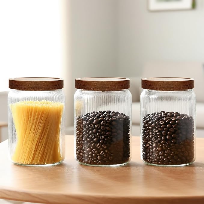 500ml/16.91Oz Airtight Glass Food Storage Jars with Lids - Stacable Glass Containers - Spice Jars with Wood Lids - Kitchen Canisters for Tea,Coffee,Sugar,Cereal