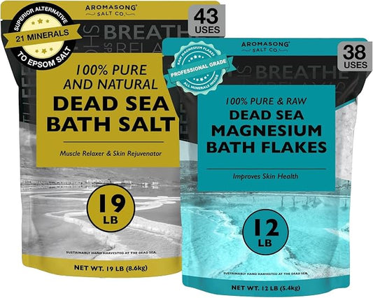Aromasong Ultimate Relaxation Bundle: 100% Pure Dead Sea Salt (19lb) & 100% Pure Dead Sea Magnesium Flakes (12lb) for Bath Soaks & Spa Treatments