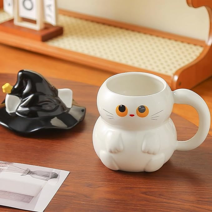 Coffee Mug Cups Ceramic Tea Cup Cute 3D Bichon Frise Dog Shaped Handmade Pottery Cute Mugs Handle Office Home Hot Ice Chocolate Milk Mugs Gifts Microwave Dishwasher Safe 14 Oz Travel Mug (White cat)
