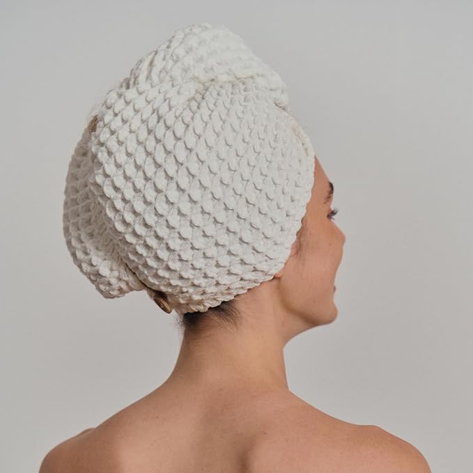 Luxury Organic Japanese Cotton Hair Drying Waffle Towel Wrap for Women | Absorbent, Quick-Dry Head Turban for Shower, Sauna, Spa | Extra Large for Long, Curly, Straight Hair With Button (White, 2 Pc)
